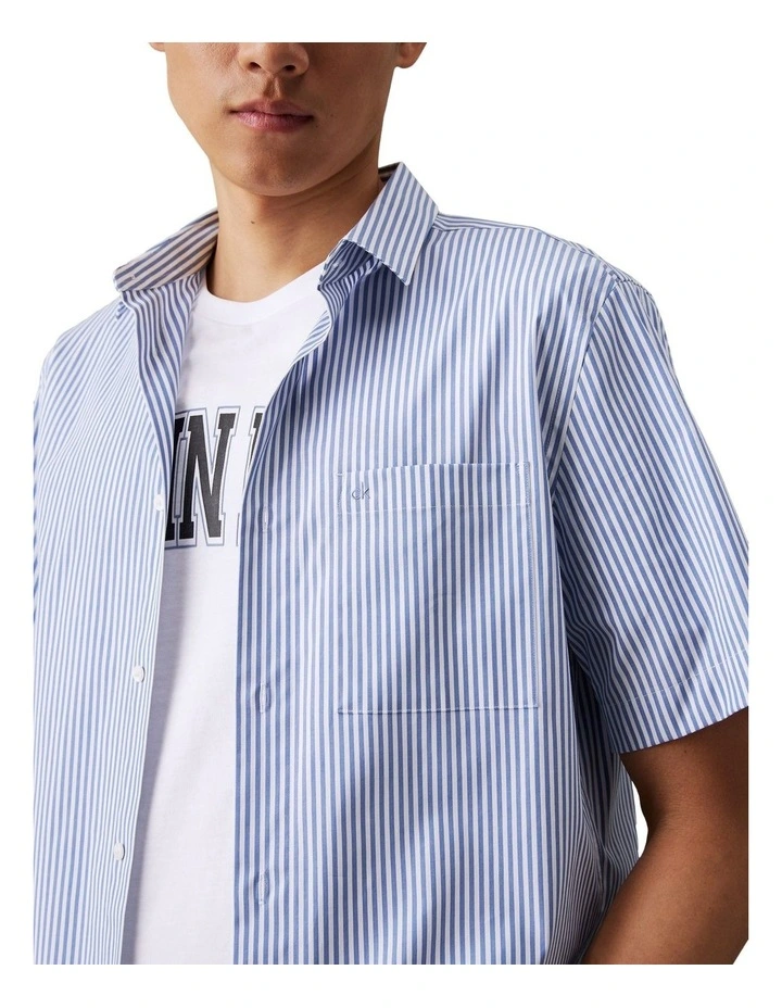 Poplin Stripe Short Sleeve Shirt in Blue image 3