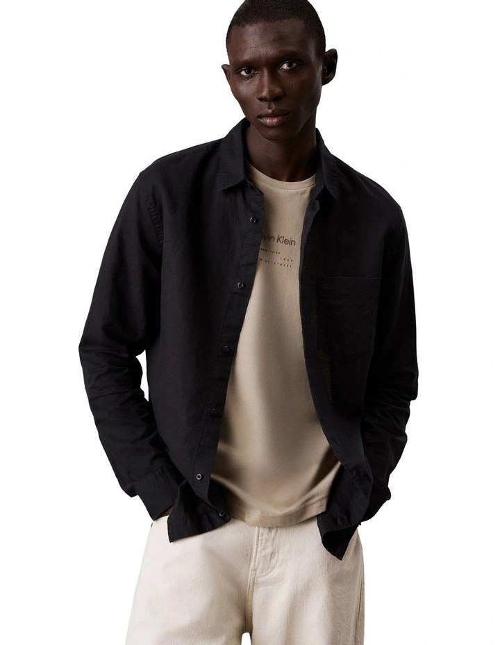 Linen Cotton Long Sleeve Shirt in Black image 1