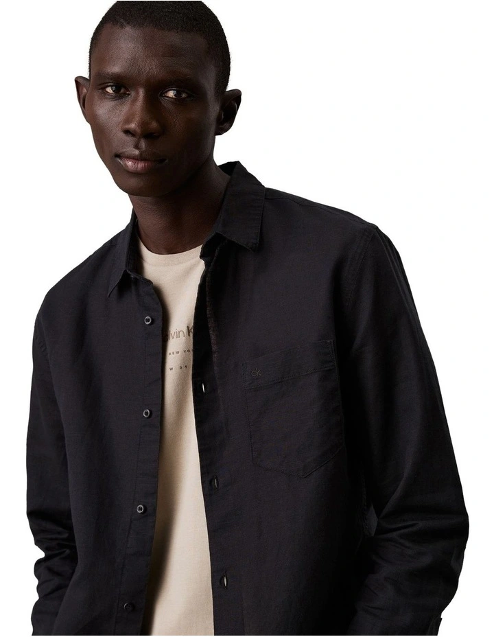 Linen Cotton Long Sleeve Shirt in Black image 3