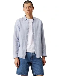 Linen Cotton Stripe Long Sleeve Shirt in Blue