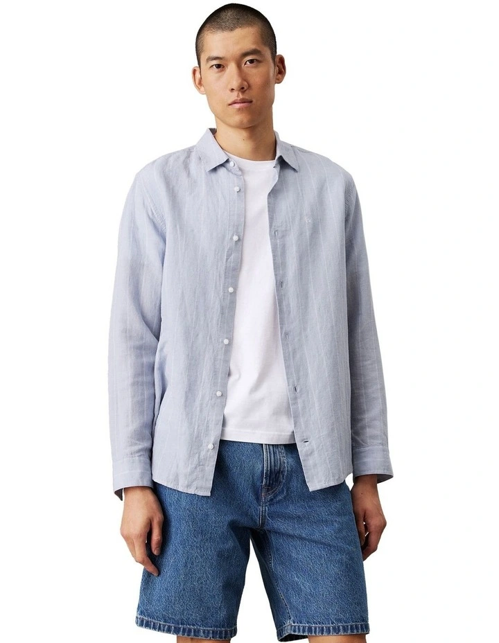 Linen Cotton Stripe Long Sleeve Shirt in Blue image 1