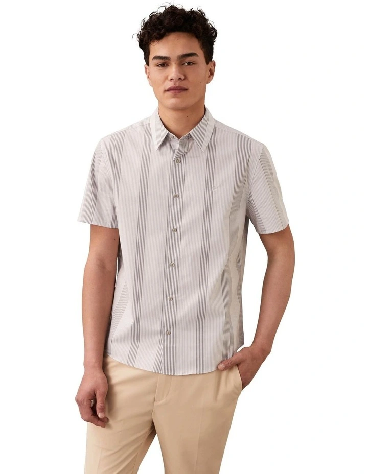 Yarn-Dyed Stripe Stretch Classic Short Sleeve Shirt in Glacier Grey image 1