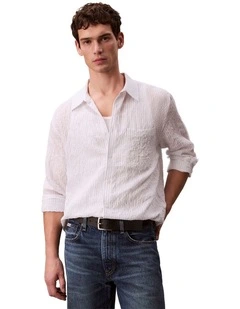 Yarn Dyed Stripe Crinkle Viscose Long Sleeve Shirt in Brilliant White