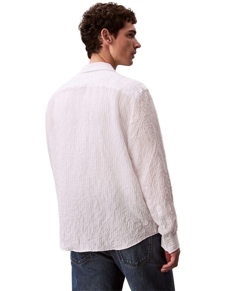 Yarn Dyed Stripe Crinkle Viscose Long Sleeve Shirt in Brilliant White image 2
