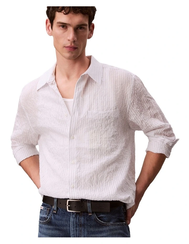 Yarn Dyed Stripe Crinkle Viscose Long Sleeve Shirt in Brilliant White image 3