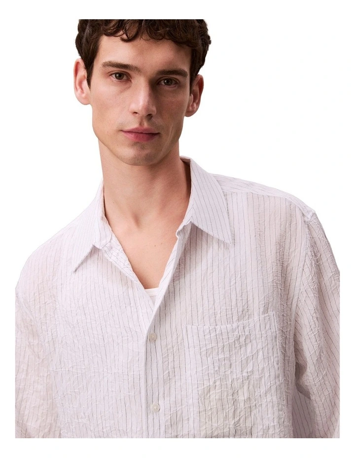 Yarn Dyed Stripe Crinkle Viscose Long Sleeve Shirt in Brilliant White image 4