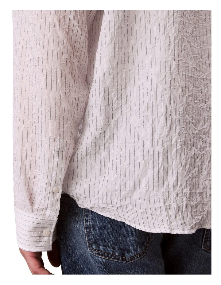 Yarn Dyed Stripe Crinkle Viscose Long Sleeve Shirt in Brilliant White image 5