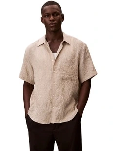 Yarn-Dye Stripe Crinkle Viscose Short Sleeve Shirt in Ancient Marble