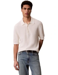 Cotton Waffle Short Sleeve Polo Shirt in Cream