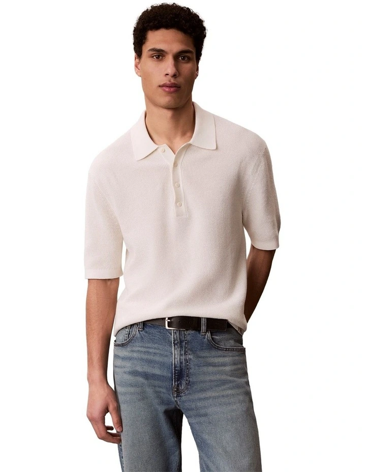 Cotton Waffle Short Sleeve Polo Shirt in Cream image 1