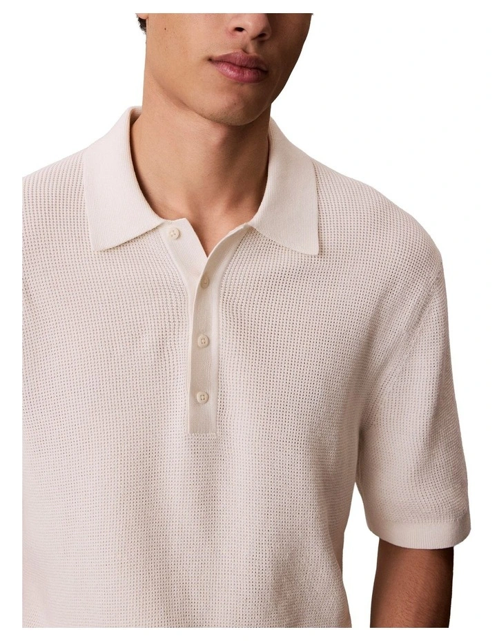 Cotton Waffle Short Sleeve Polo Shirt in Cream image 3