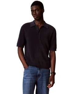 Cotton Waffle Short Sleeve Polo Shirt in Dark Sapphire