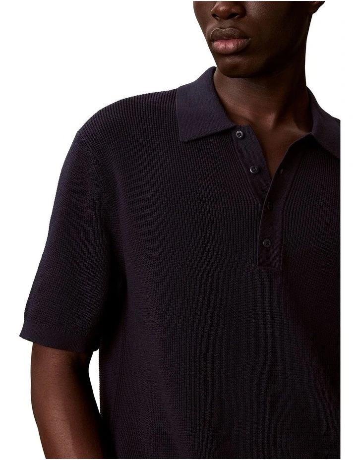 Cotton Waffle Short Sleeve Polo Shirt in Dark Sapphire image 3