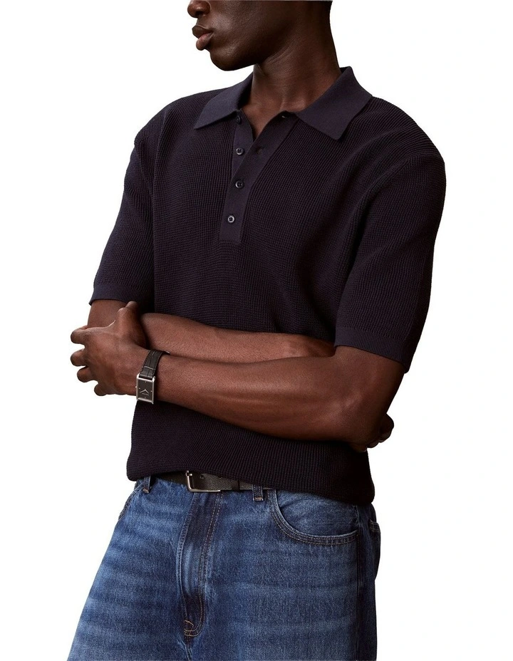 Cotton Waffle Short Sleeve Polo Shirt in Dark Sapphire image 4