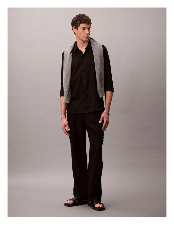 Linen Blend Classic Long Sleeve Shirt in Black image 3
