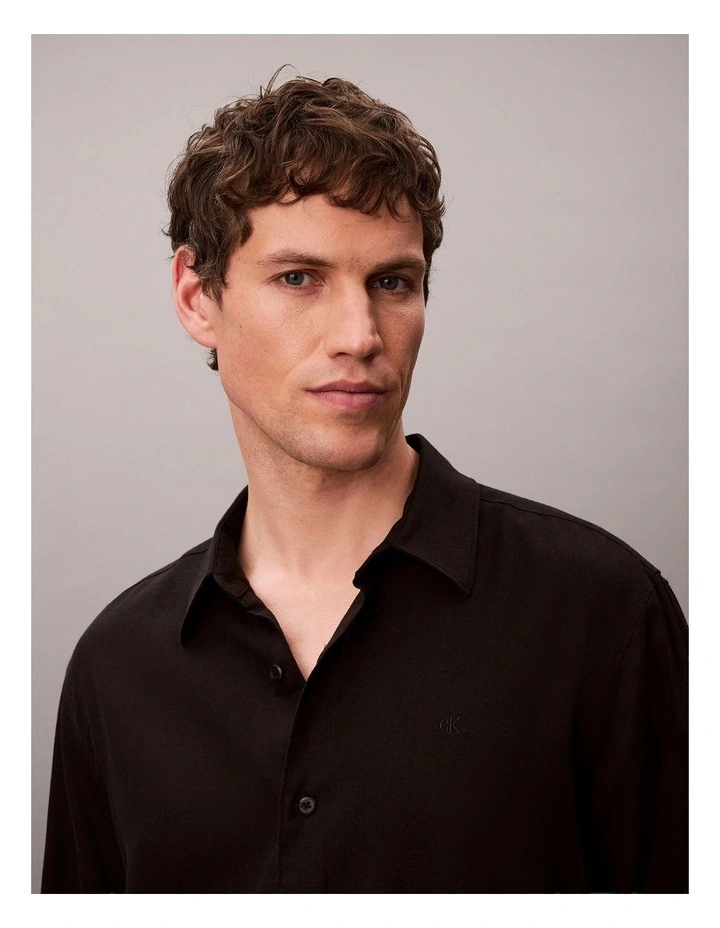 Linen Blend Classic Long Sleeve Shirt in Black image 4