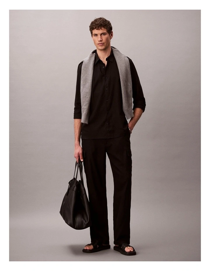Linen Blend Classic Long Sleeve Shirt in Black image 5