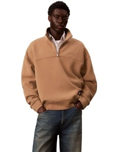 Spacer Mock Neck Quater Zip Fleece Sweater in Tigers Eye