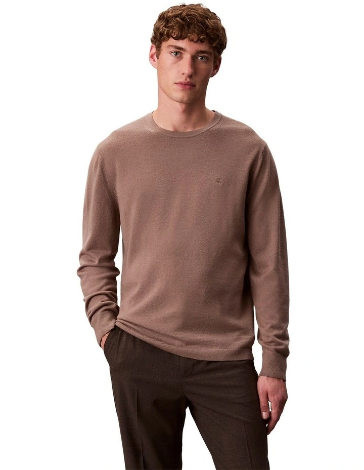 Merino Wool Crew Neck Sweater in Taupe Tone image 1