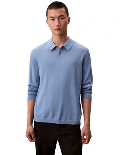 Merino Wool Polo Sweater in Track Blue