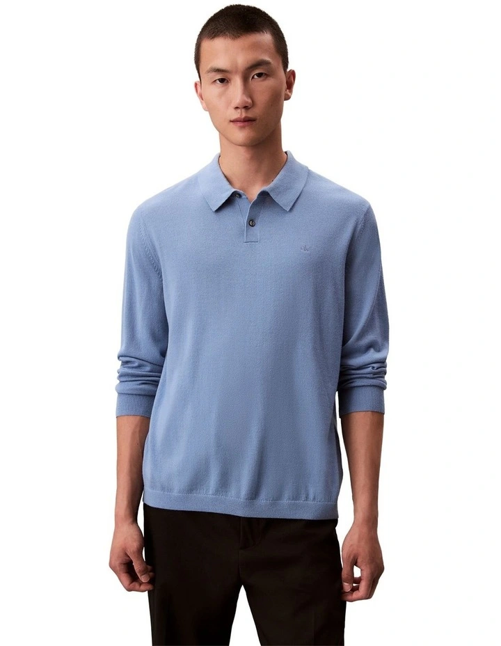 Merino Wool Polo Sweater in Track Blue image 1