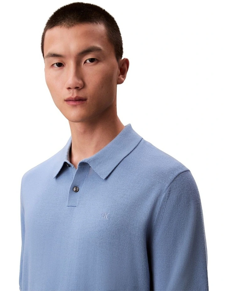 Merino Wool Polo Sweater in Track Blue image 3