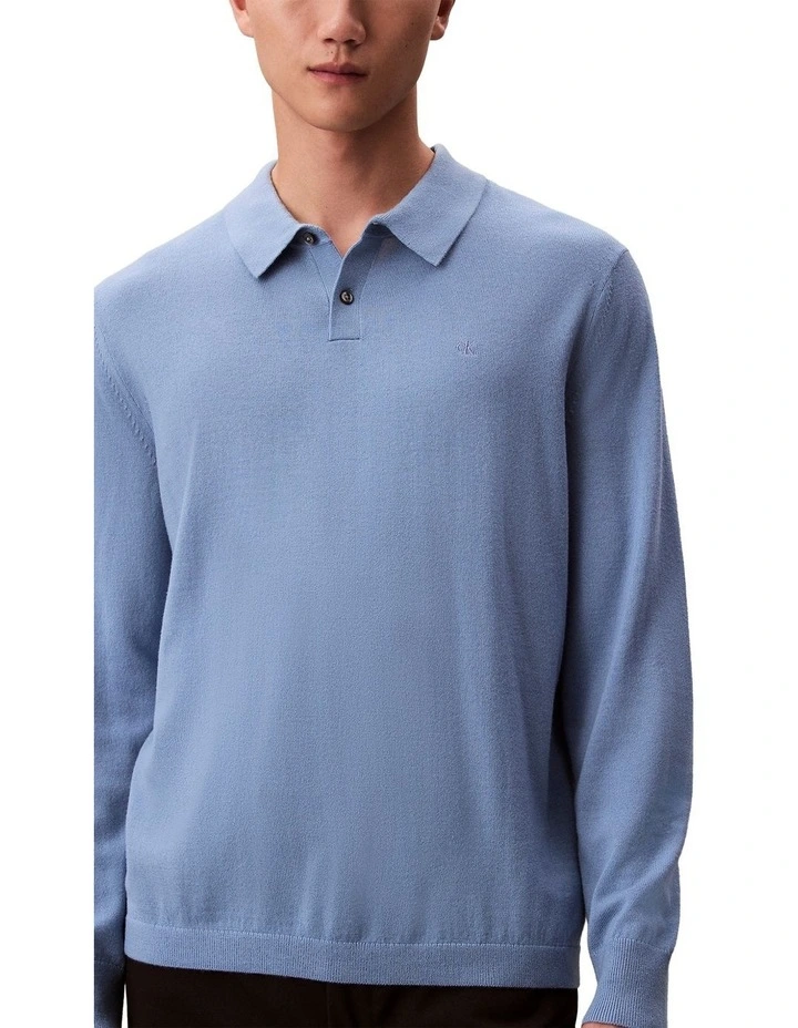 Merino Wool Polo Sweater in Track Blue image 5