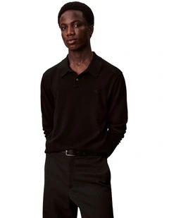 Merino Wool Polo Sweater in Black