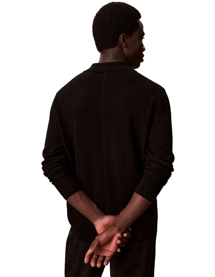 Merino Wool Polo Sweater in Black image 2