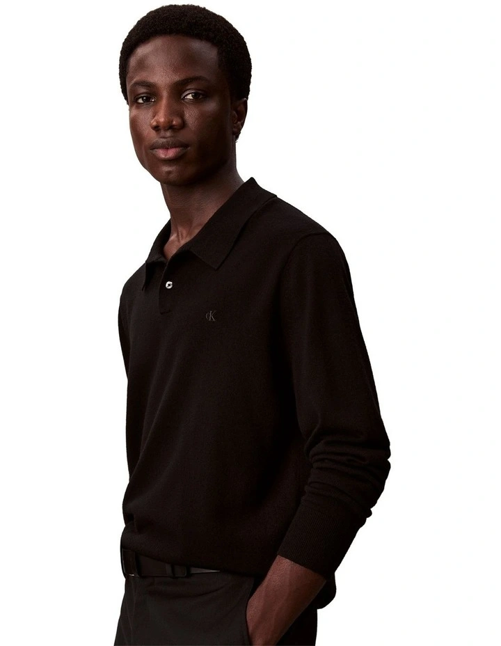 Merino Wool Polo Sweater in Black image 3