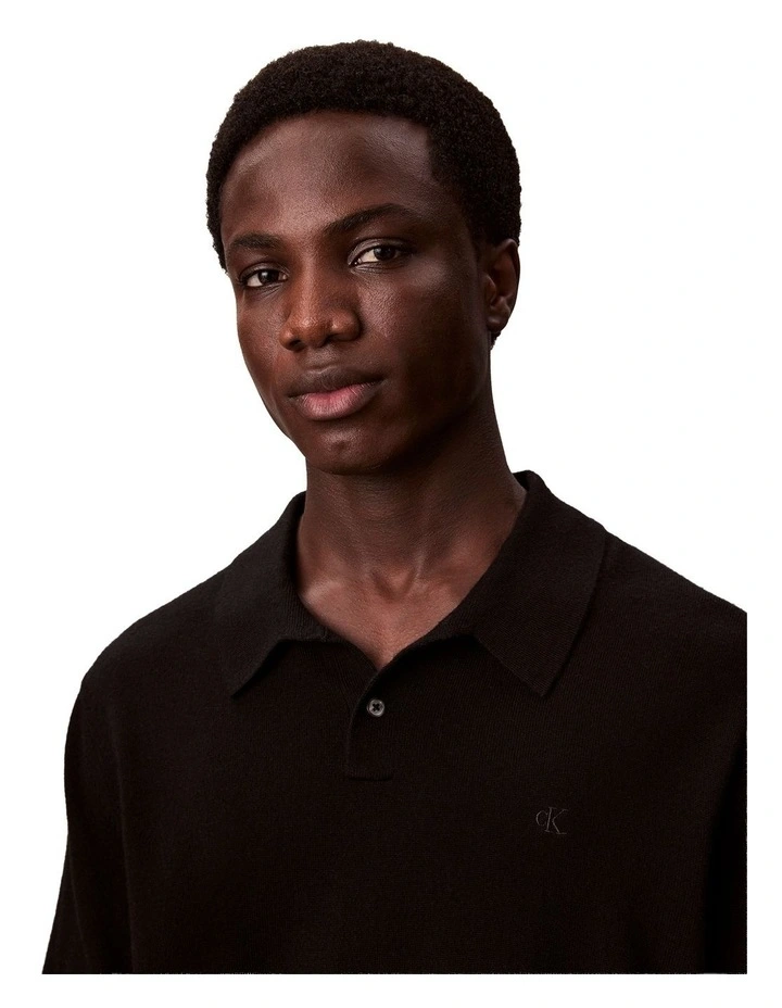 Merino Wool Polo Sweater in Black image 4
