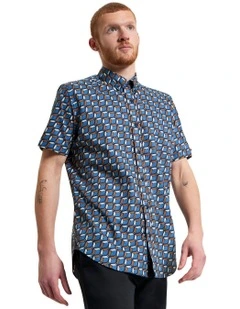 Retro Geo Print Short Sleeve Shirt in Blue