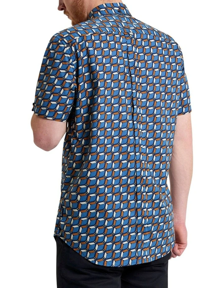 Retro Geo Print Short Sleeve Shirt in Blue image 2