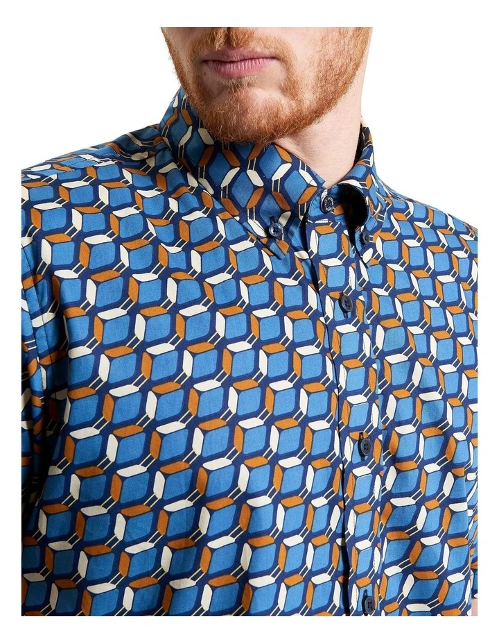 Retro Geo Print Short Sleeve Shirt in Blue image 4