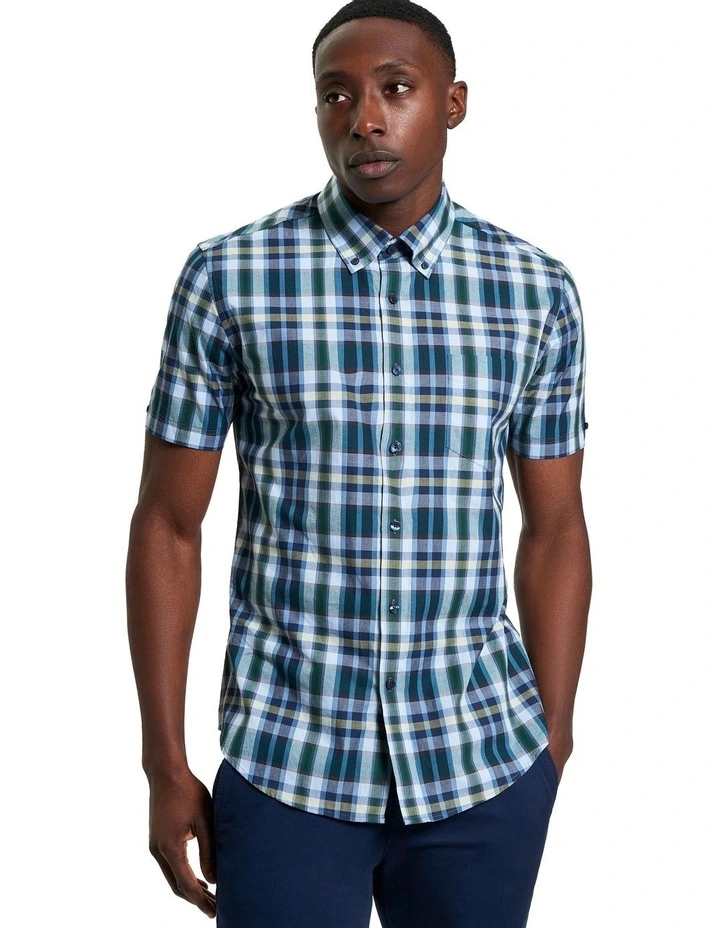 Irregular Check Short Sleeve Shirt in Dark Green image 1