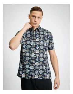 Watercolour Floral Print Short Sleeve Shirt in Black