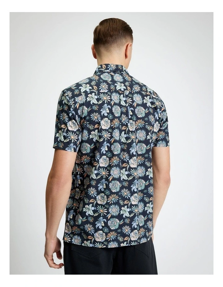 Watercolour Floral Print Short Sleeve Shirt in Black image 2