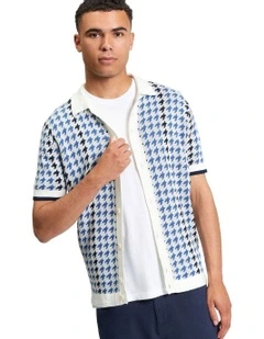Houndstooth Button Through Polo in Ivory