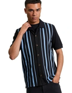 Button Through Stripe Polo in Black