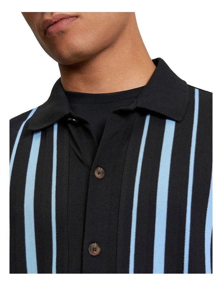 Button Through Stripe Polo in Black image 4