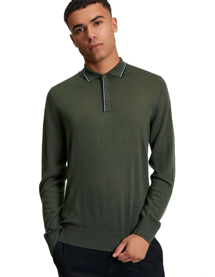 Tipped Merino Polo in Khaki image 1