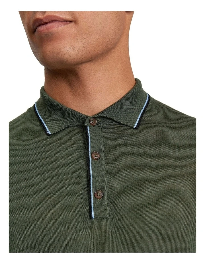 Tipped Merino Polo in Khaki image 4