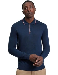 Tipped Merino Polo in Dark Navy