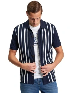 Button Through Stripe Polo in Dark Navy