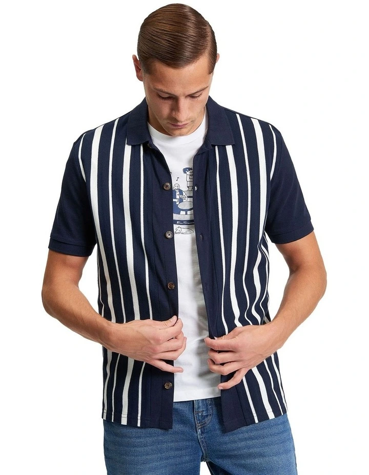 Button Through Stripe Polo in Dark Navy image 1