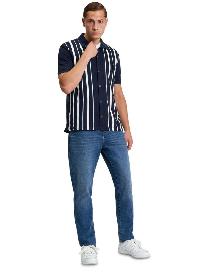 Button Through Stripe Polo in Dark Navy image 3