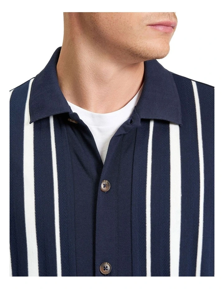 Button Through Stripe Polo in Dark Navy image 4