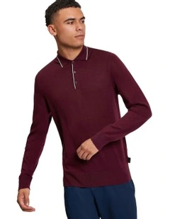 Tipped Merino Polo Shirt in Dark Wine