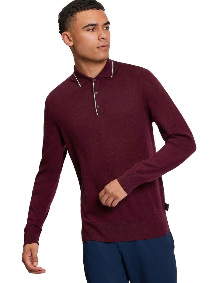 Tipped Merino Polo Shirt in Dark Wine image 1