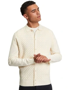 Button Through Cable Polo Shirt in Ivory